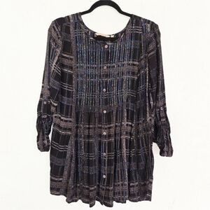 Soft Surroundings Beaded Pintuck Black Blue Plaid Button Up Top, L